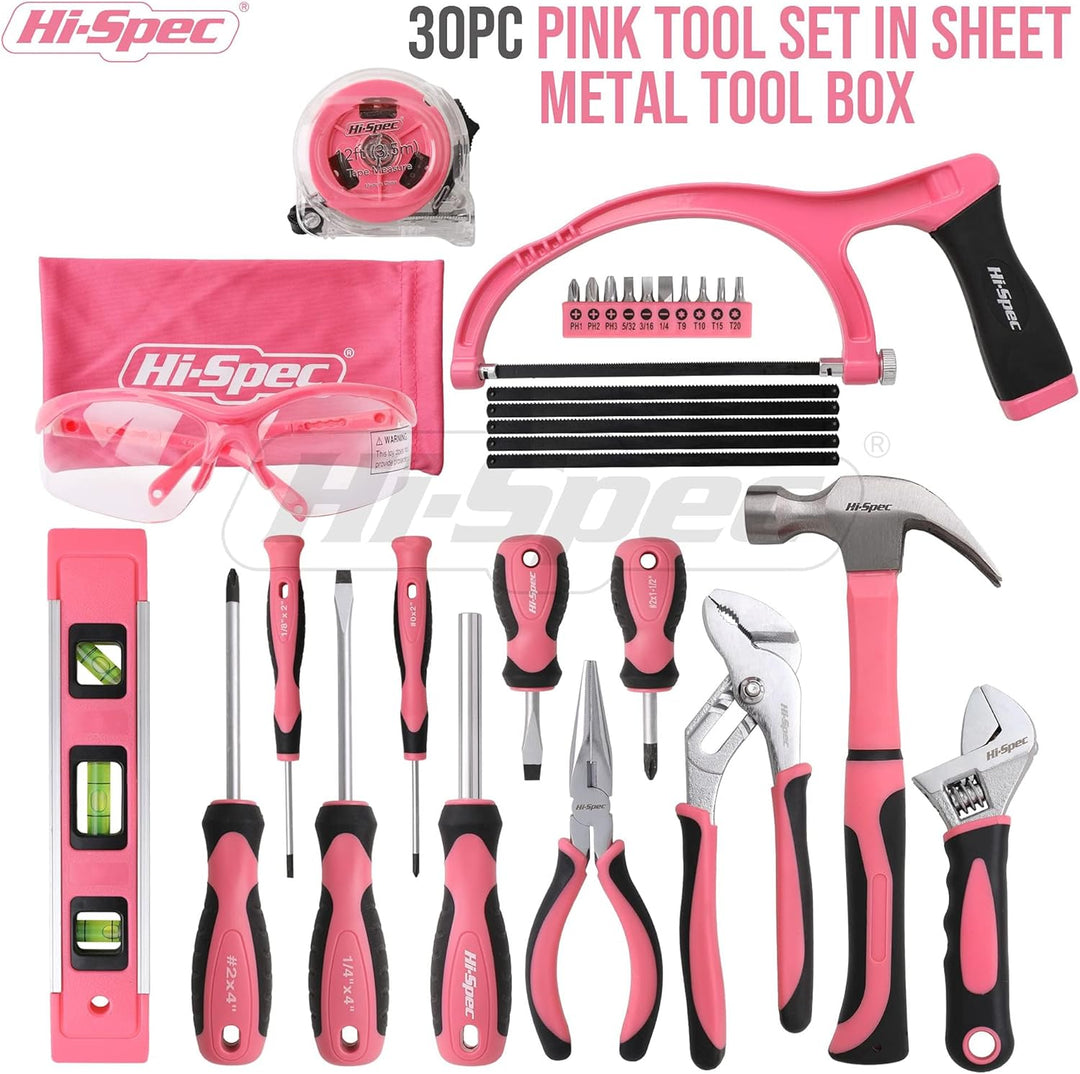 Hi-Spec Retro Pink Rosa Werkzeugkiste mit einer vielzahl von Pinken Werkzeugen die jede Frau braucht