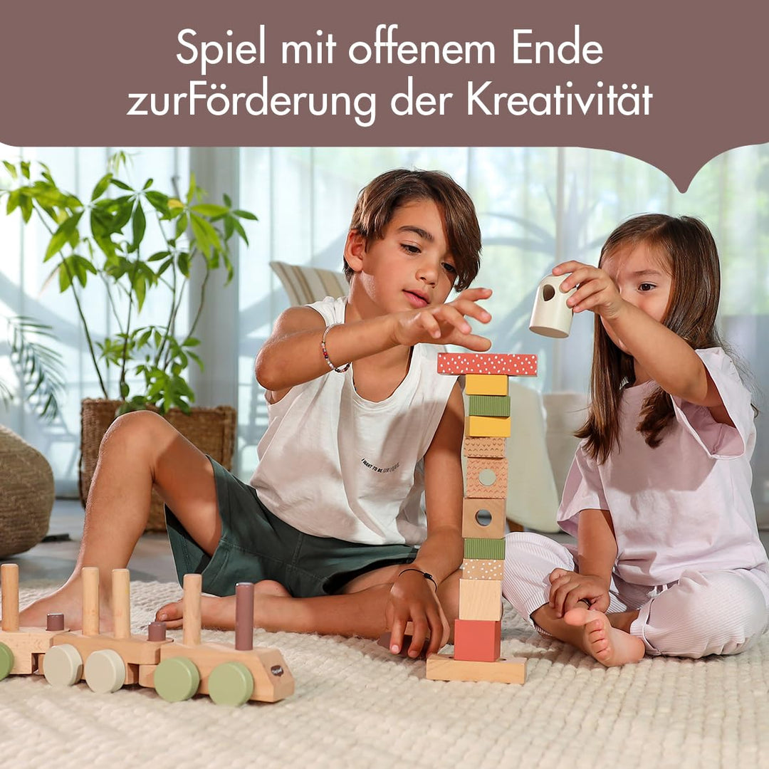 Tiny Love hölzerner Stapelzug, Holzzug Baby, Zug Spielzeug Holz mit 3 Waggons und 14 stapelbaren Spi