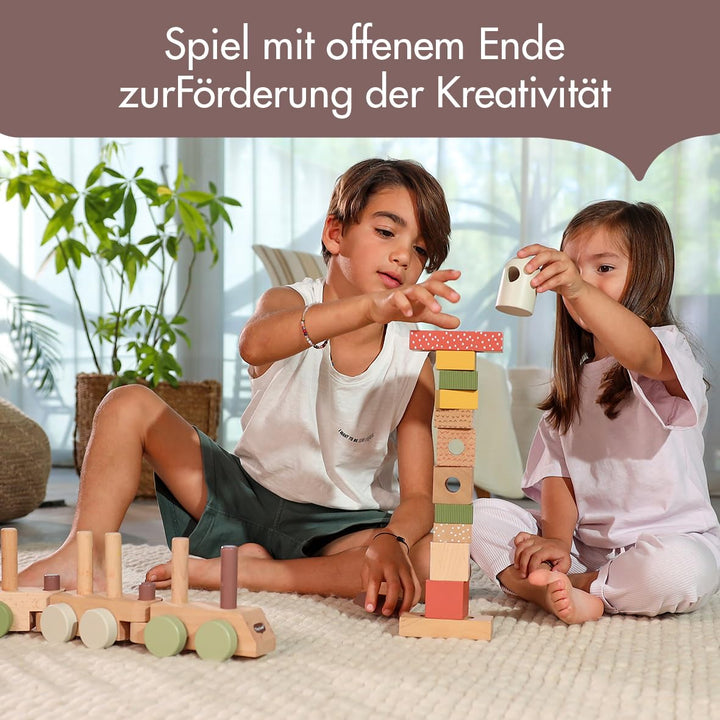 Tiny Love hölzerner Stapelzug, Holzzug Baby, Zug Spielzeug Holz mit 3 Waggons und 14 stapelbaren Spi