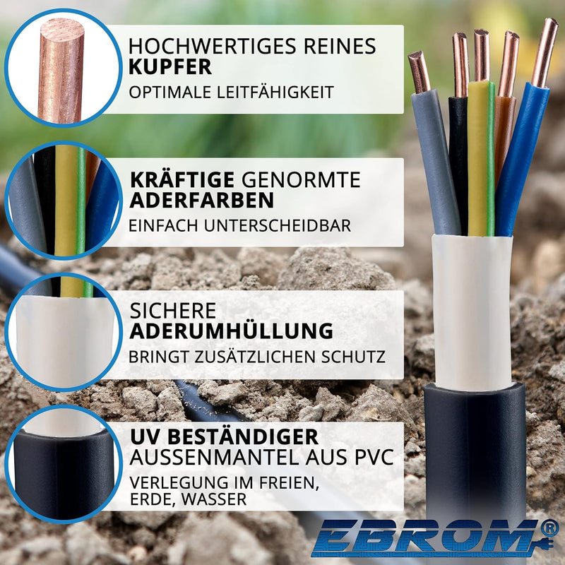 EBROM Erdkabel NYY-J 5x4 mm² - Starkstromkabel - PVC Erdleitung - schwarz - Meterware auf den Meter