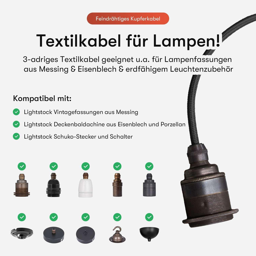 Textilkabel für Lampe, Stoffkabel 3-adrig (3x0,75mm²), Weiss - 5 Meter 5 Meter Weiss, 5 Meter Weiss