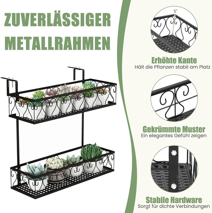 GOPLUS 2-stöckiges hängendes Blumenregal, Balkongeländerkorb Metall mit verstellbaren Haken, Blument