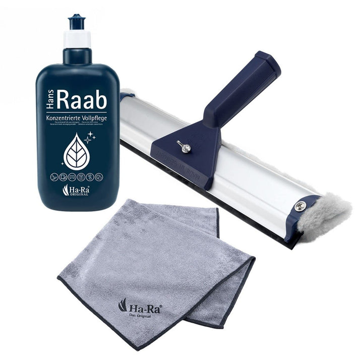 Ha-Ra Fenster-Putz-Set ein Team I Fensterwischer 32cm I Konzentrierte Vollpflege 500ml I Microfaser