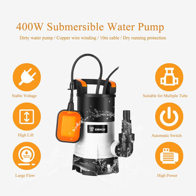 DEKO Elektrische Tauchwasserpumpe 400W mit Schwimmerschalter und maximalem Durchfluss 8000 l/h für d