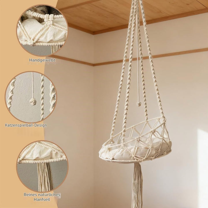 Katzenschaukel, HOVCEH Boho Makramee Katzen Hängematte mit Katzenspielzeug-Stick, 40cm Katzenhängema