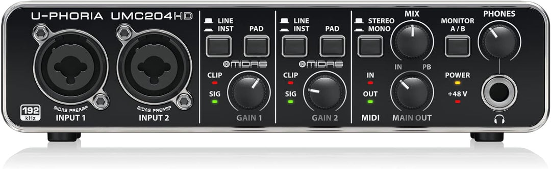 Behringer UMC204HD Audiophiles 2x4, 24-Bit/192 kHz USB-Audio/MIDI-Interface mit Midas-Mikrofonvorver