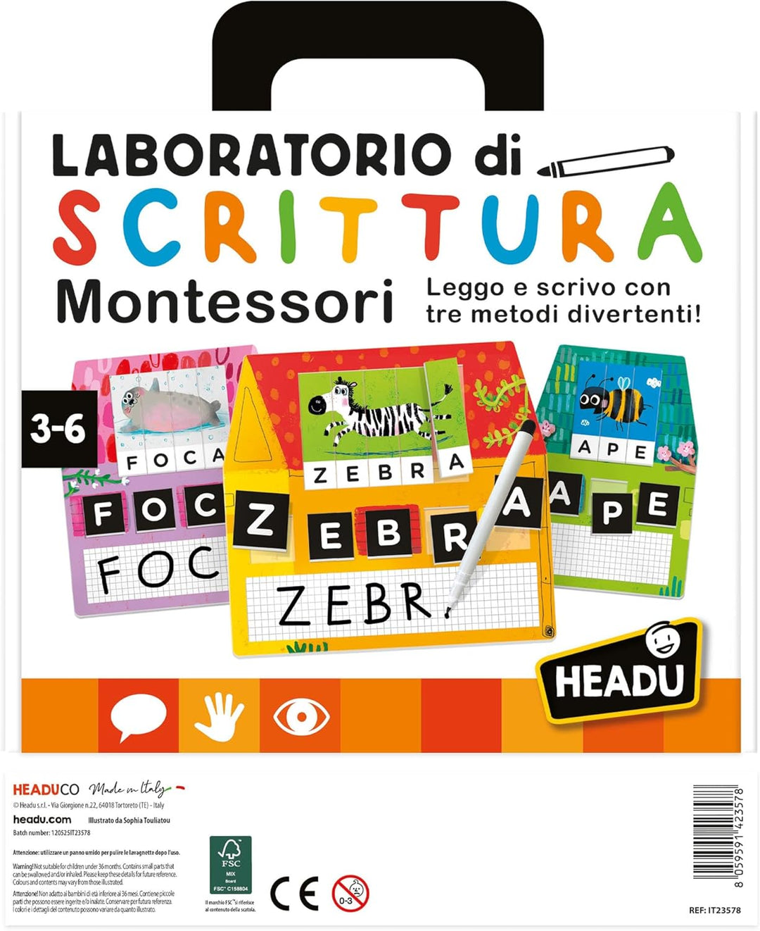 Headu - Montessori Writing Laboratory Lernspiel, mehrfarbig (IT23578), italienische Sprache
