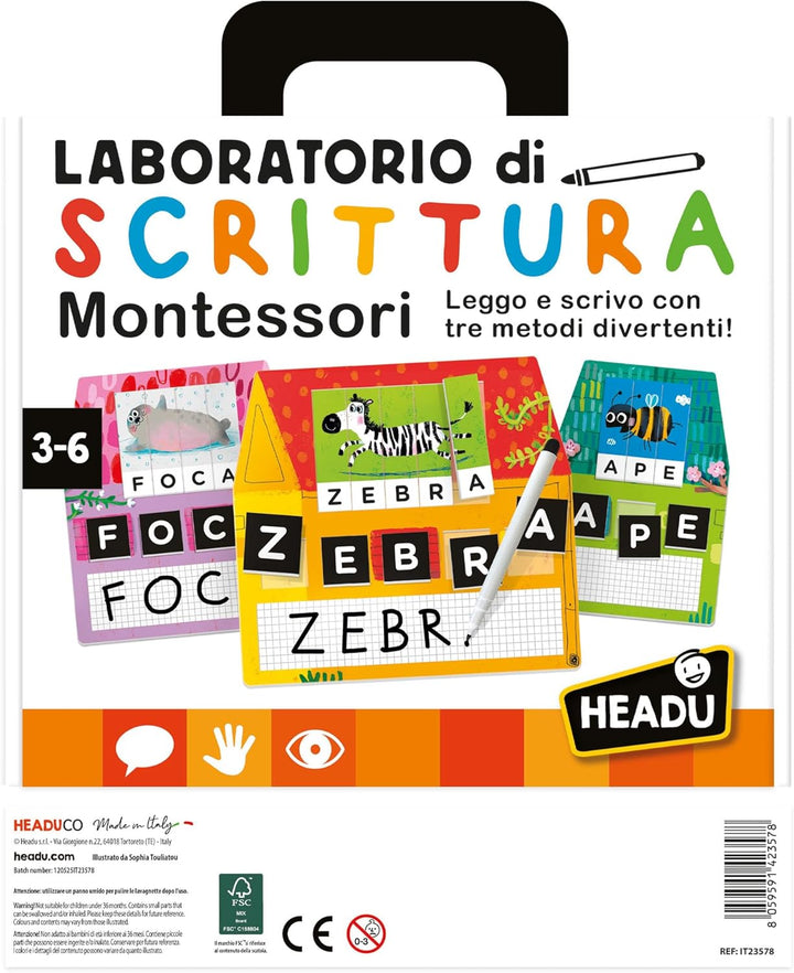 Headu - Montessori Writing Laboratory Lernspiel, mehrfarbig (IT23578), italienische Sprache