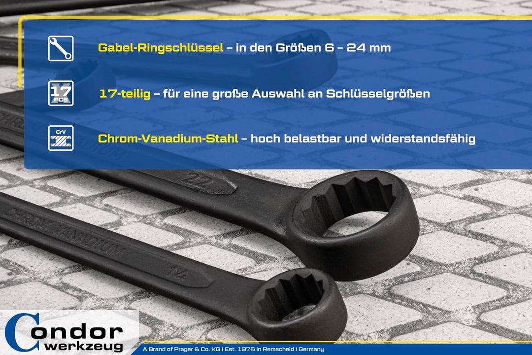 CONDOR Werkzeug 55017 | Gabel-Ringschlüssel-Satz | 17-tlg. | 6-24 mm | Chrom-Vanadium-Stahl schwarz