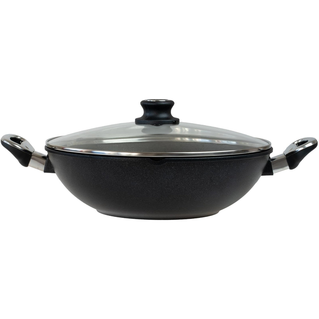 BAF Wok Induktion 32 cm mit Glasdeckel und Griffen - Aluguss Wokpfanne mit Antihaftbeschichtung, 10