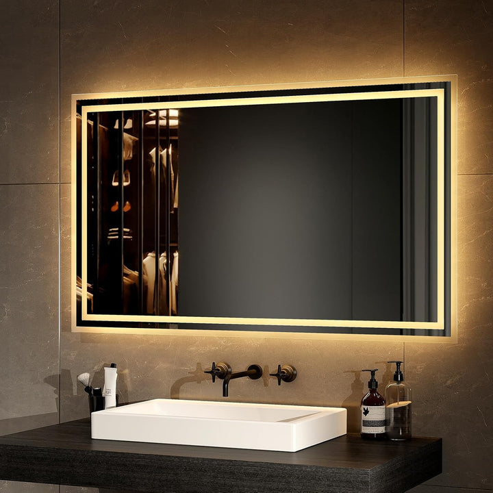 EMKE LED Badspiegel 100x60cm LED Badezimmerspiegel mit Beleuchtung Warmweisses Licht und Kaltesweiss
