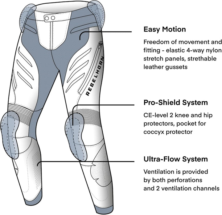 REBELHORN Veloce Motorradhose Herren | Leder | Knie und Hüftprotektoren Stufe 2 | Knieschieber | 2 B