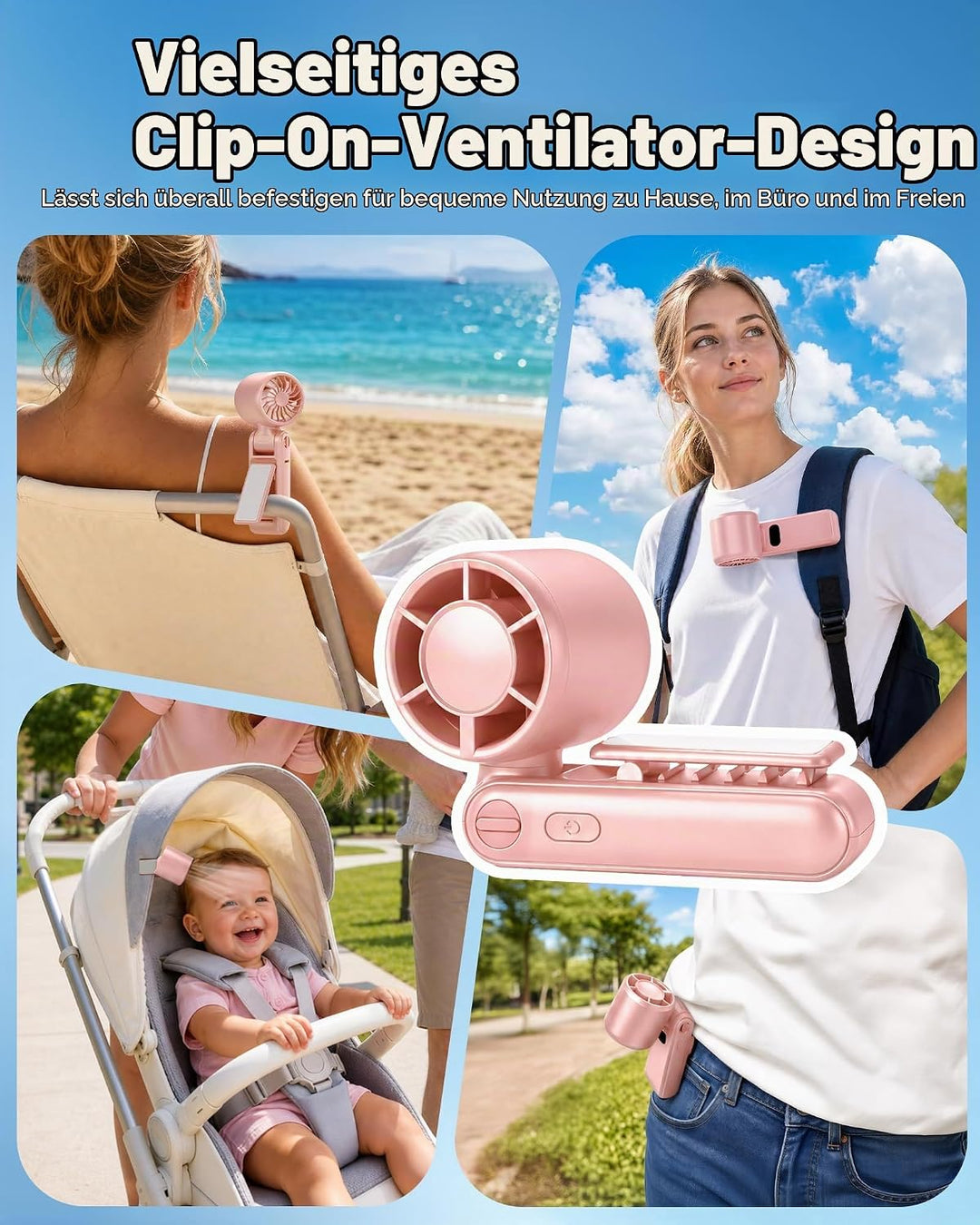 TUNISE Tragbarer Ventilator, Handventilator mit 3600mAh Akku, Mini Ventilator mit magnetischem Clip,