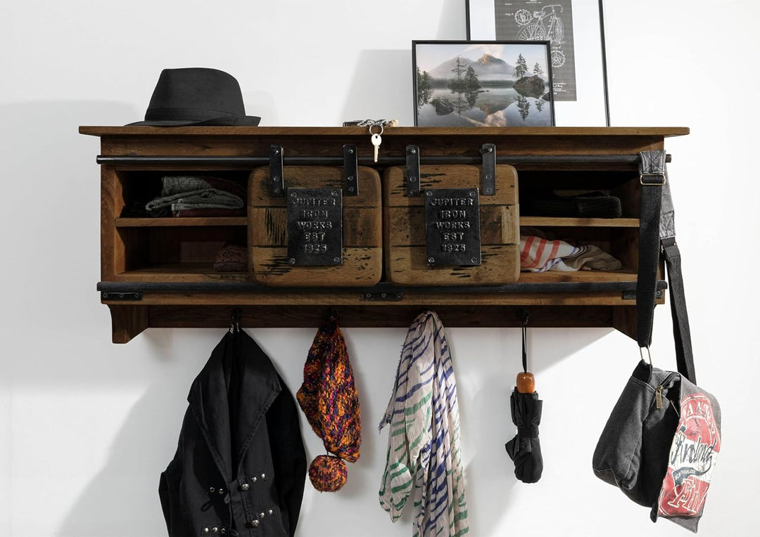 MASSIVMOEBEL24.DE | Railway- Massive Wandgarderobe | braun geölt | aus Mangoholz | offen mit Schiebe