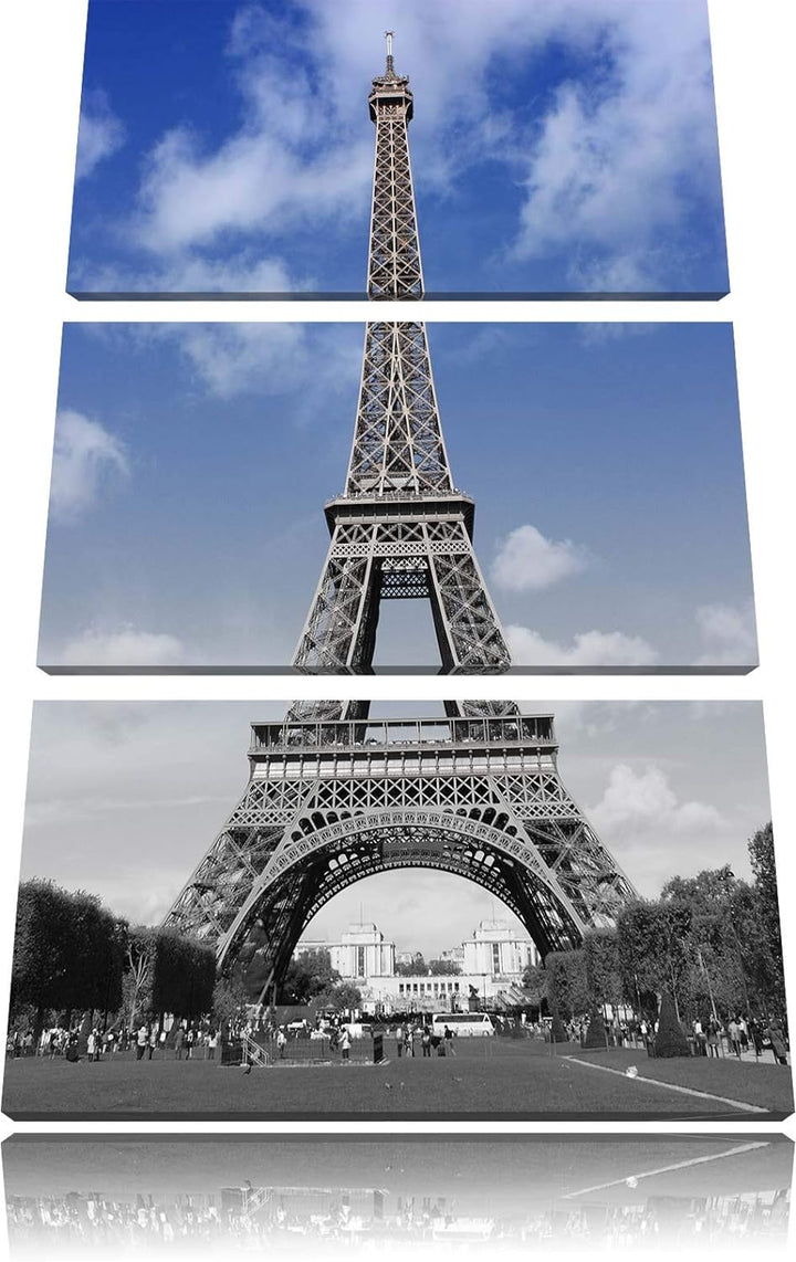 Eifelturm mit blauem Himmel Paris schwarz/weiss 3-Teiler Leinwandbild 120x80 Bild auf Leinwand, XXL