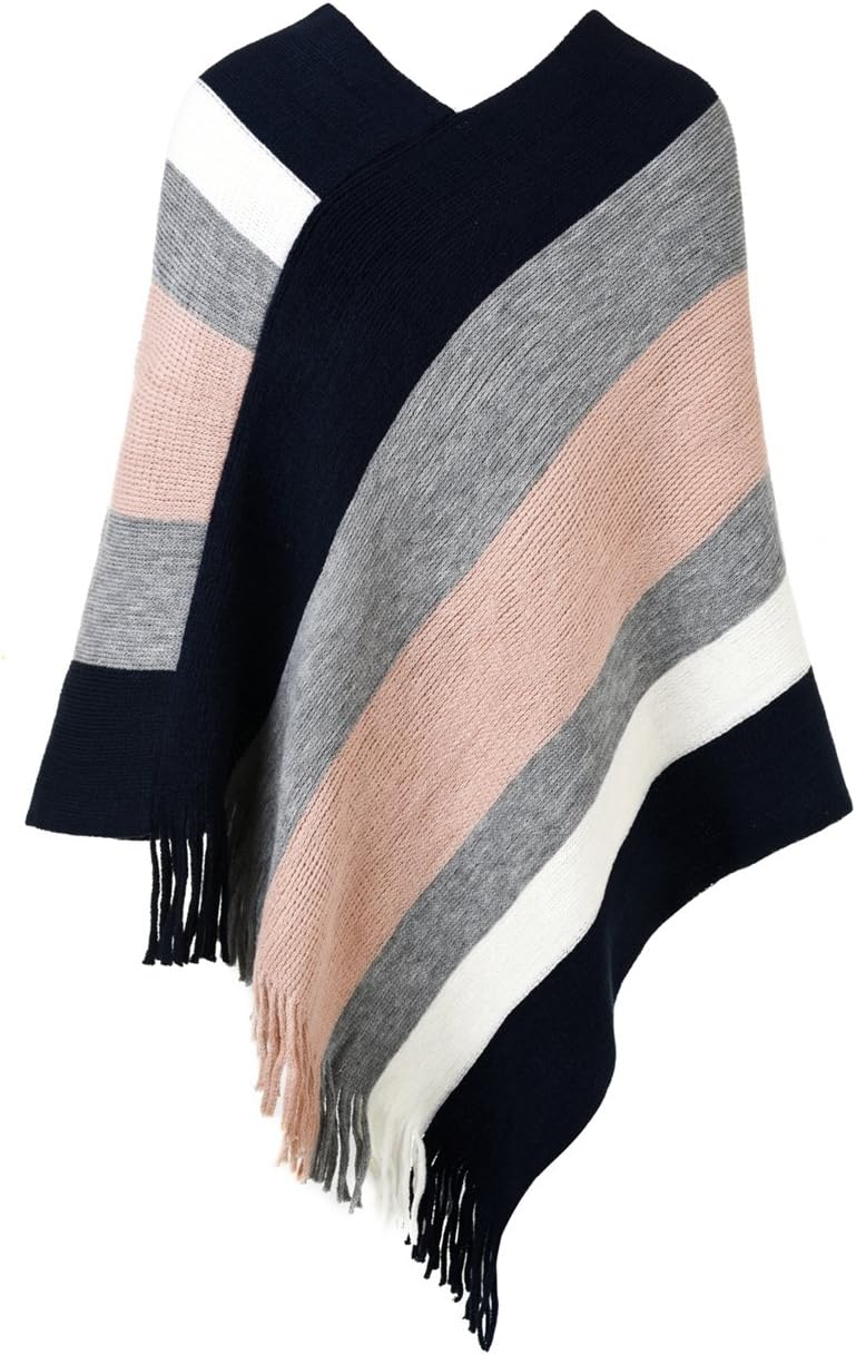 Ferand Gestreift Gestrickter Poncho Schal im Wickeldesign mit gefransten Seiten für Frauen Einheitsg