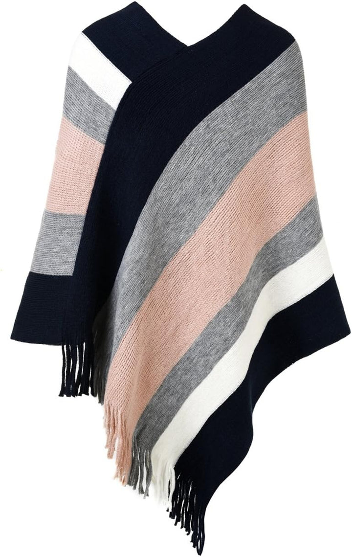 Ferand Gestreift Gestrickter Poncho Schal im Wickeldesign mit gefransten Seiten für Frauen Einheitsg