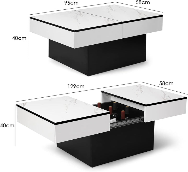 VOWNER Couchtisch, Moderner Couchtisch, Ausziehbarer Schreibtisch, Wohnzimmertisch mit 2 Stauräume,