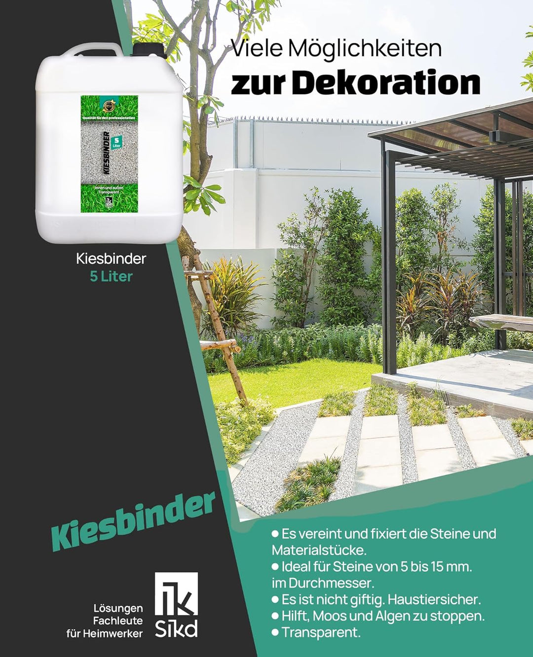 Sikd - Bindungsfixierer Verdichter von losen Steinen und Kies 5L. Löst das Ausbreiten von Kies, Stei