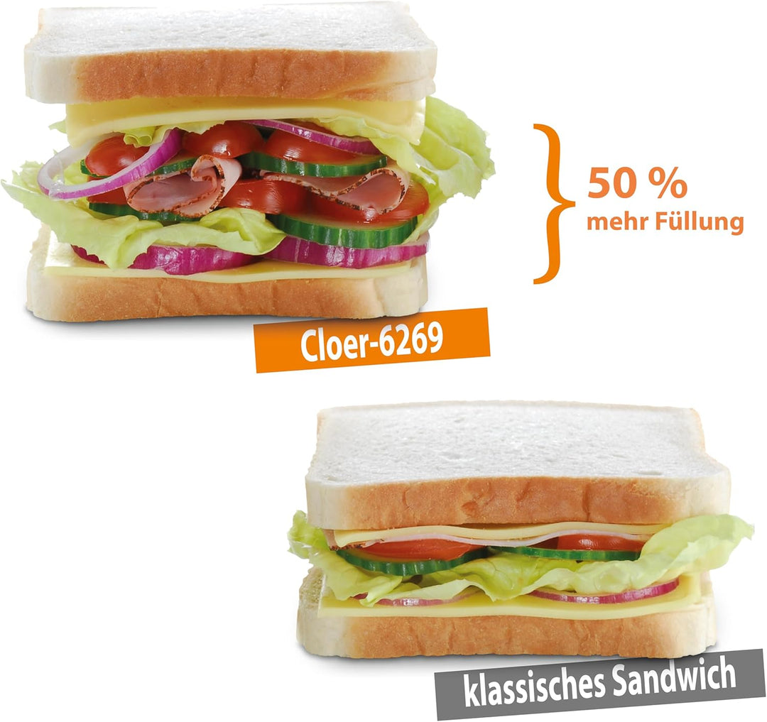 Cloer 6269 Sandwichmaker XXL / 1800 W / für 4 Sandwiches / American Toast / XXL-Füllung / optische F