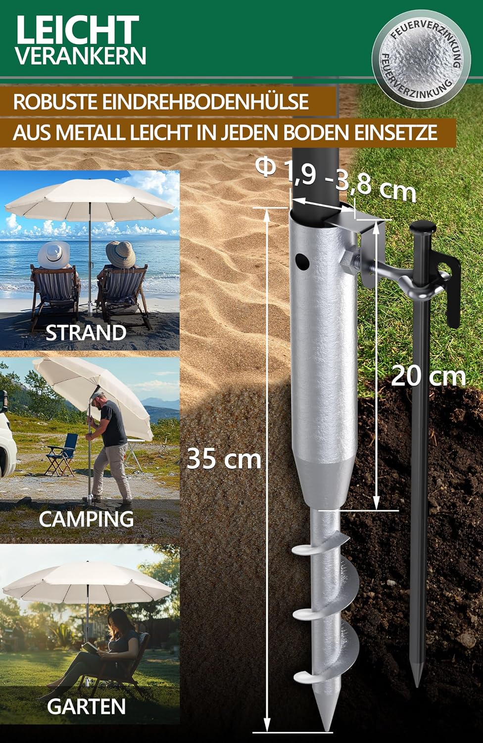 4smile Sonnenschirm Strand 3-in-1 Set, Ø 180 cm, Beige, Strandschirm Windfest Stabil, UV50 Sonnensch