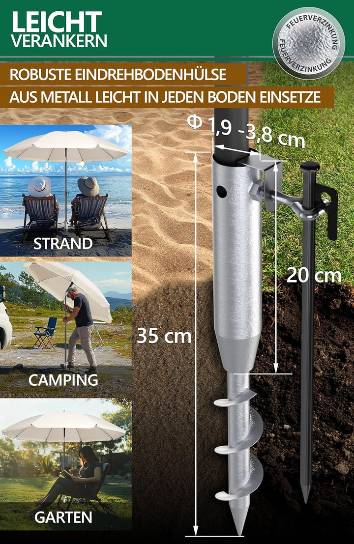 4smile Sonnenschirm Strand 3-in-1 Set, Ø 180 cm, Beige, Strandschirm Windfest Stabil, UV50 Sonnensch