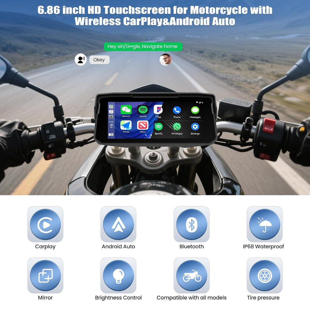 SIXWIN Carplay Motorrad Display für Moto mit Wireless Carplay Android Auto, 6.86 Zoll HD Touchscreen