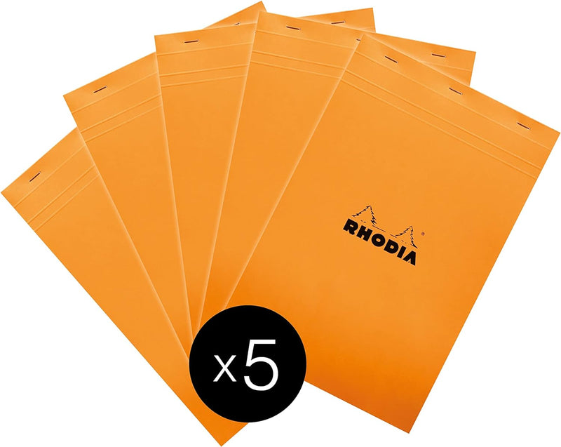 Rhodia 19200C - Packung mit 5 Notizblöcken geheftet No.19 A4+ 80 Blätter kariert 80, Orange, 1 Pack