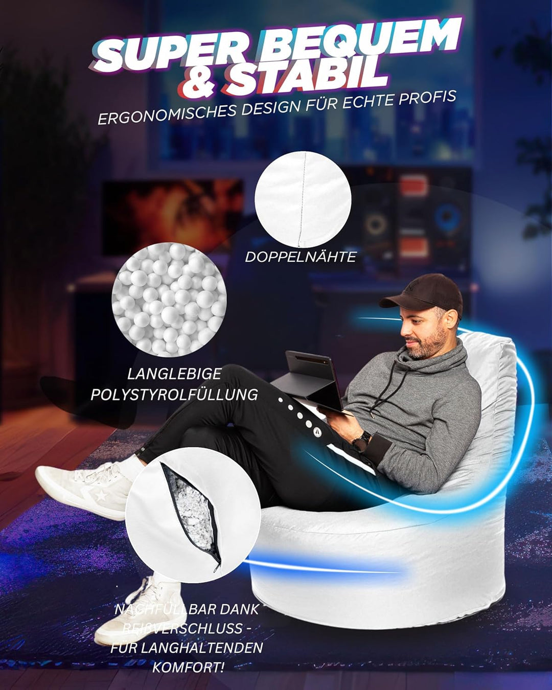 PATCH HOME Gamer Sessel mit Reissverschluss Lounge Kissen Sitzsack Sitzkissen Bean Bag In & Outdoor