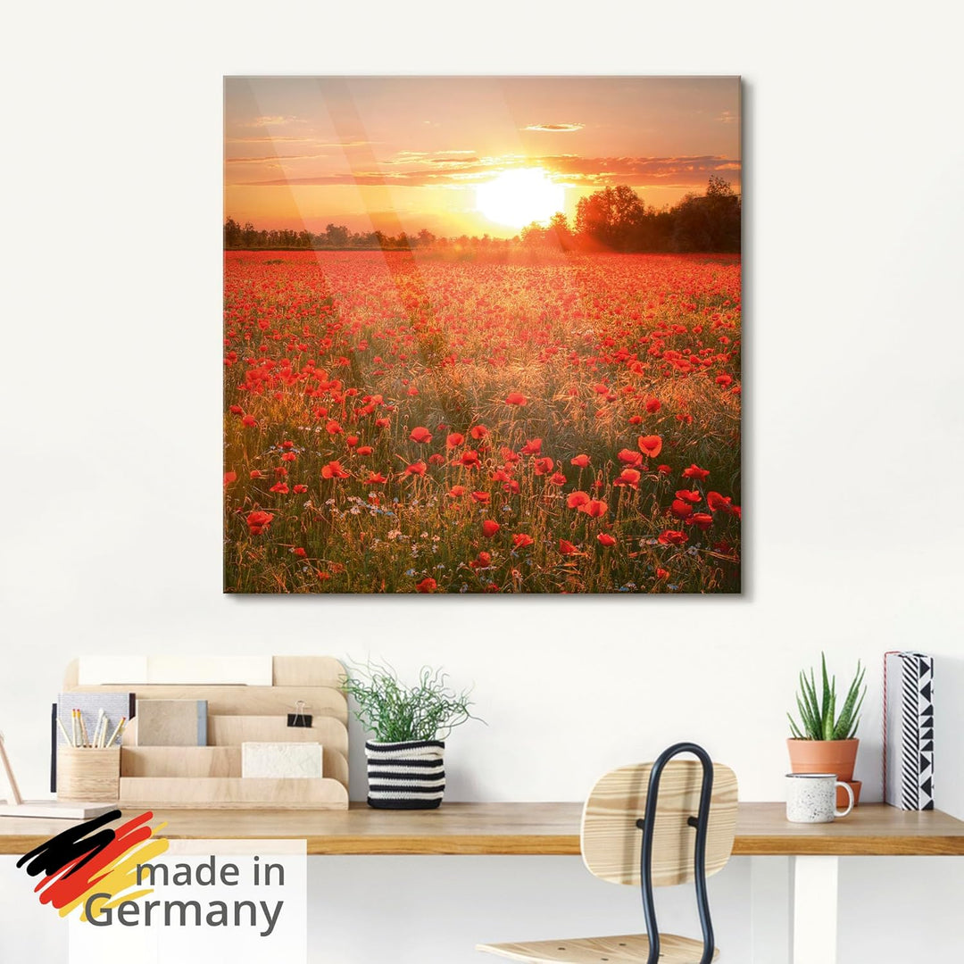 Glasbilder Wandbild Glas Bild einteilig 100x50 cm Querformat Natur Landschaft Blumen Mohnblumen Feld