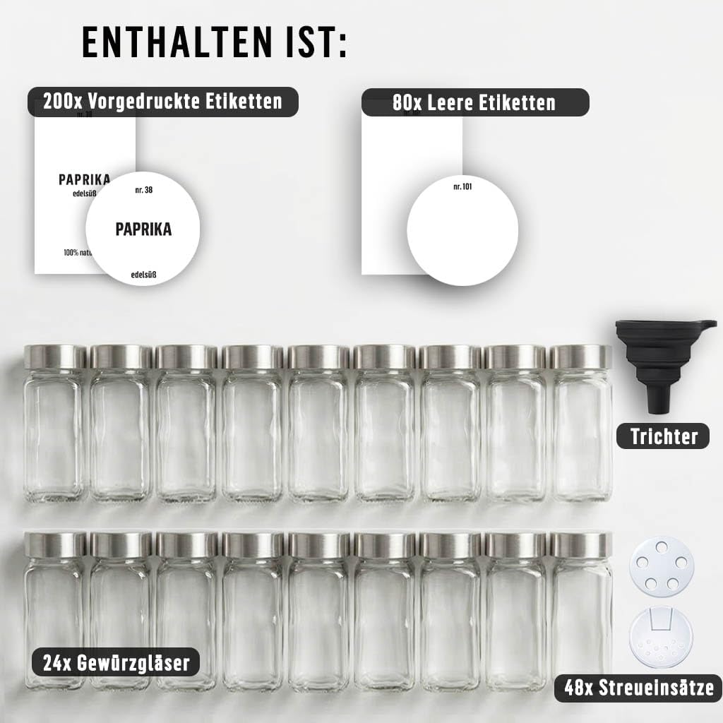 Deco haus® Gewürzgläser eckig mit Schraubkappe 24er Set [+Etiketten & Streueinsatz] - Gewürzdosen Se