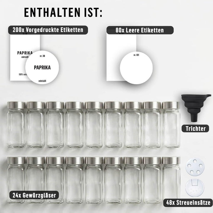 Deco haus® Gewürzgläser eckig mit Schraubkappe 24er Set [+Etiketten & Streueinsatz] - Gewürzdosen Se