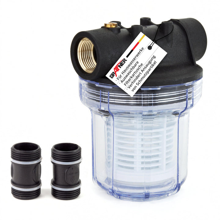 Grafner Vorfilter für Hauswasserwerke und Gartenpumpen, mit Filtereinsatz, platzsparende Ausführung,