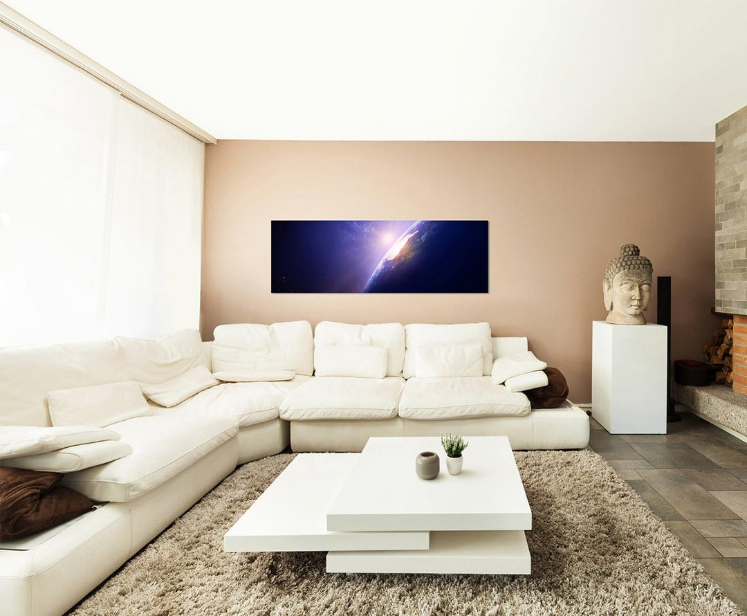 Paul Sinus Art Panoramabild auf Leinwand und Keilrahmen 150x50cm Weltraum Planet Erde Sonnenaufgang