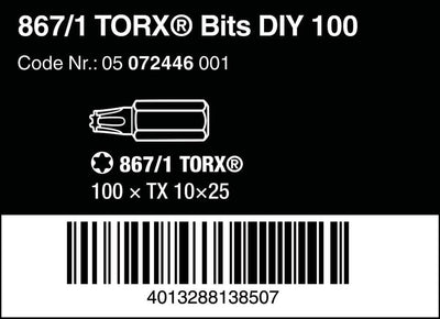 Wera 05072446001 867/1 Z TORX® DIY Bits, TX 10 x 25 mm, 100-teilig, TX 10 x 25