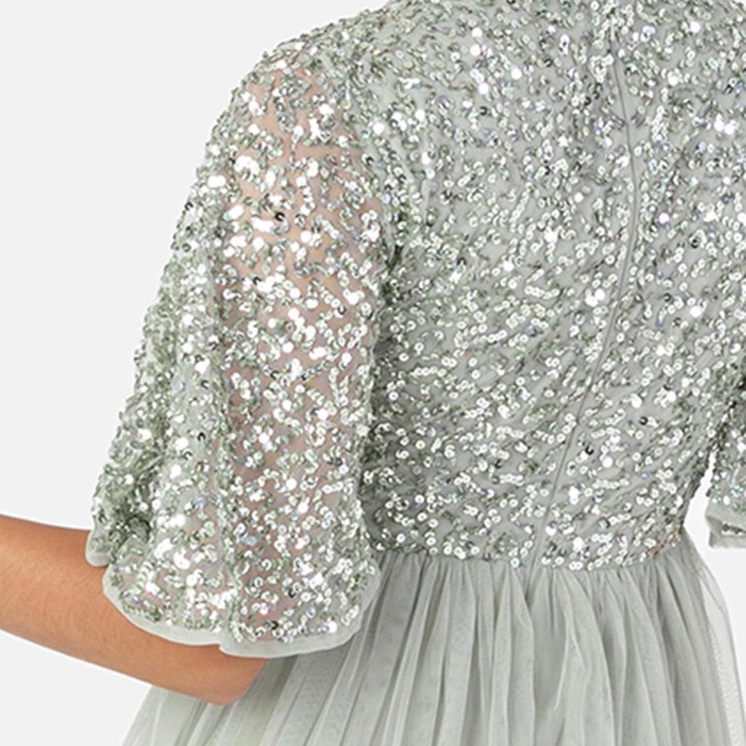 Maya Deluxe Damen Midi Abendkleid Cocktailkleid Abschlussball V-Ausschnitt Kurze Ärmel Tüllkleid Ele