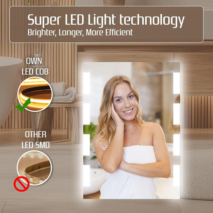 Venti Rechteckiger LED Badspiegel 50 × 70 cm, Seitlichen Leuchtmustern | LED Wandspiegel, Touchschal