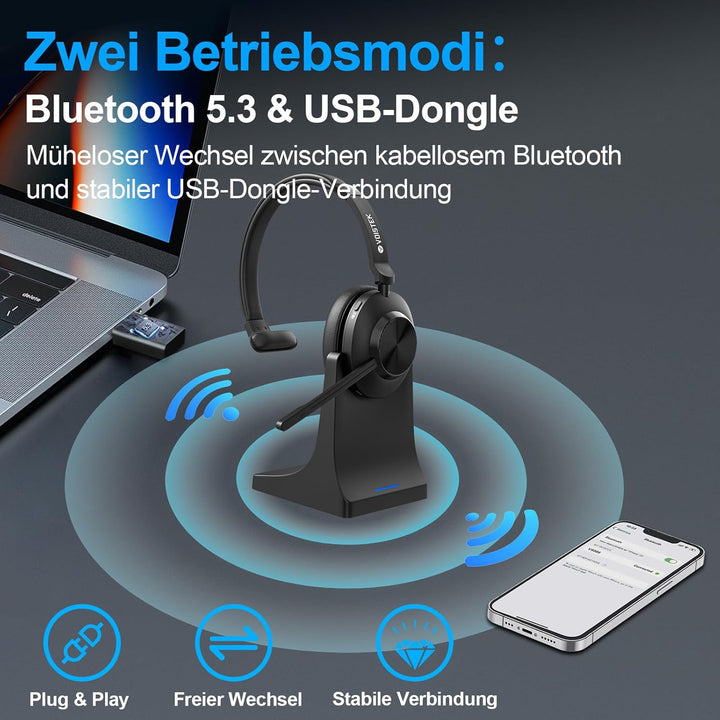 Voistek Kabelloses Bluetooth Headset mit Mikrofon & Rauschunterdrückung, USB Dongle für PC, Ladestat