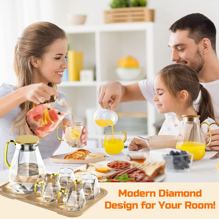 DUJUST Glaskaraffe mit Deckel 2 Liter, mit 4 Tassen, 1 Tablett, Wasserkaraffe im Modernen Schwarz Di