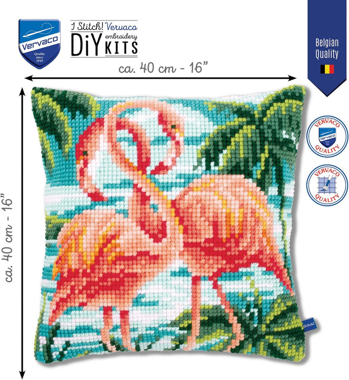 Vervaco Kreuzstichkissen 2 rosa Flamingos Kreuzstichpackung, Stramin, Weiss, 40 x 40 x 0,3 cm