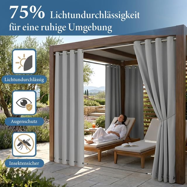 Rosnek Outdoor Vorhang Wetterfest Winddicht, Balkon Gardinen mit Ösen Oben & Unten, Blickdicht Wasse