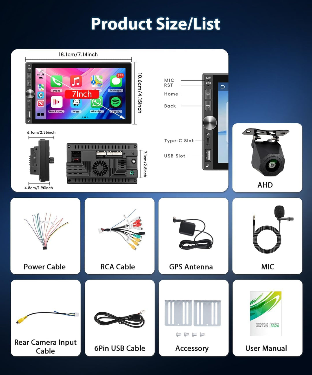 4GB+64GB 2 Din Carplay Autoradio mit Type-C, Android Auto Car Stereo mit GPS Navigation, WiFi, Bluet