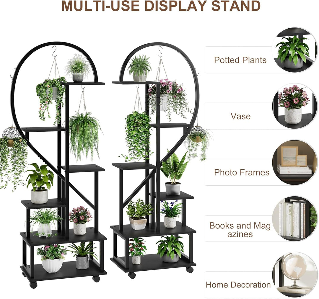 Pflanzenregal Indoor, Pflanzenständer mit Rädern, 6 Ebenen 172cm ,2 Pack Halbe Herzform Pflanzenstän