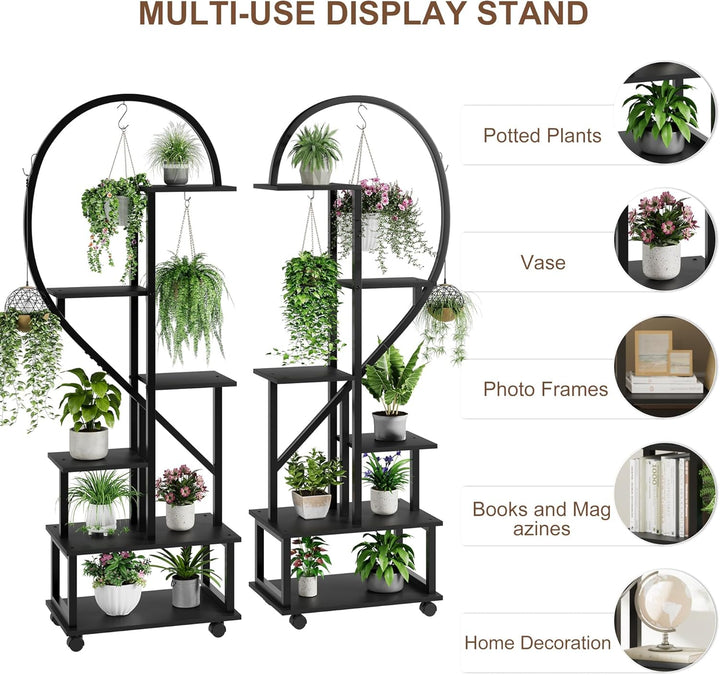 Pflanzenregal Indoor, Pflanzenständer mit Rädern, 6 Ebenen 172cm ,2 Pack Halbe Herzform Pflanzenstän