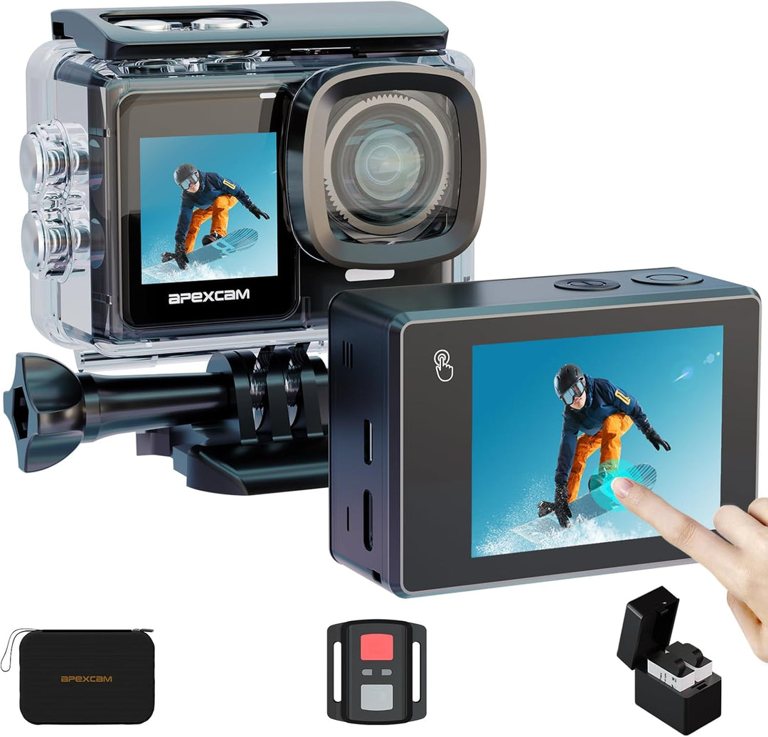 Apexcam 4K 30FPS 20MP Action Cam Dualscreen Touchscreen 40M wasserdichte Unterwasserkamera EIS Stabi