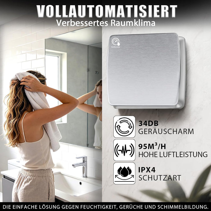 Leiser 100mm Badlüfter mit Rücklaufklappe, Feuchtigkeitssensor &amp; Timing | Energieeffizient Lüfter Wa