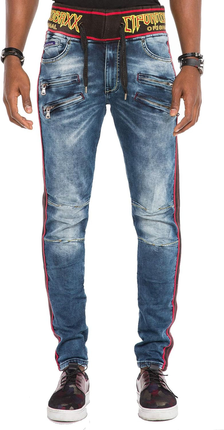 Cipo & Baxx Herren Ausgefallene Jeans Hose Fashion Used Design Pants gestreift mit Gummibund Blau W3