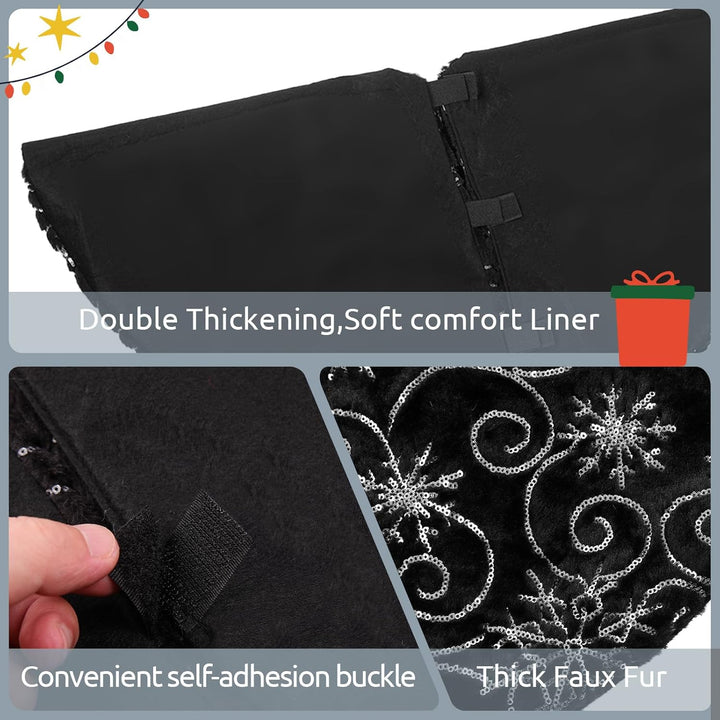 KONVINIT Weihnachtsbaumdecke Rund Schwarz Weihnachtsbaumteppich mit Schneeflocke Weihnachtsbaum Rock