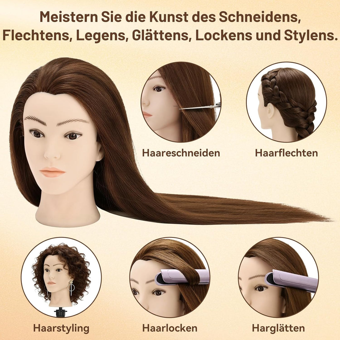 TwoWin Friseurkopf Echthaar mit Ohrlöchern, 60 cm (24 Zoll) 80% Haaren Mannequin Frisierkopf, Traini