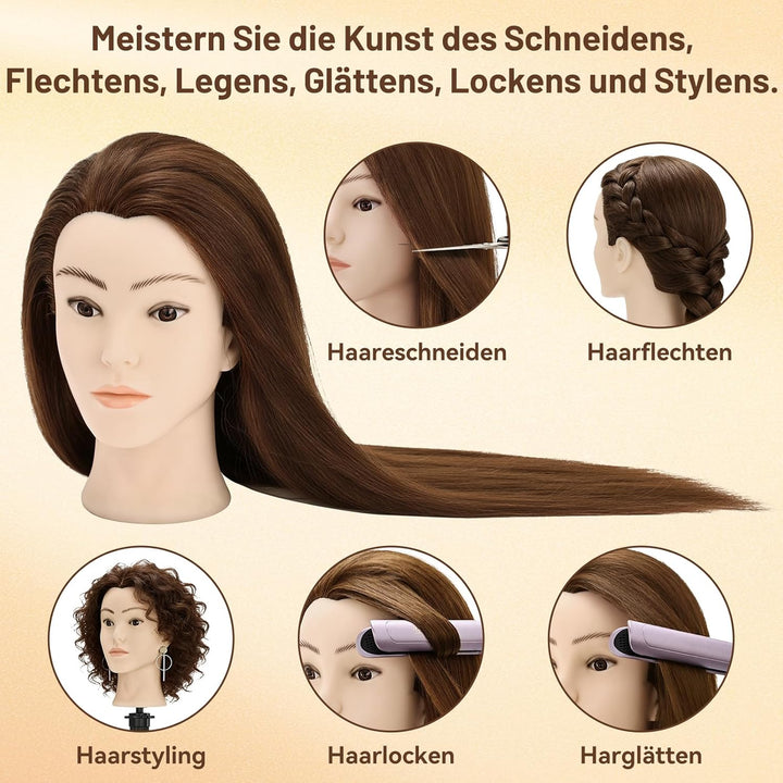 TwoWin Friseurkopf Echthaar mit Ohrlöchern, 60 cm (24 Zoll) 80% Haaren Mannequin Frisierkopf, Traini